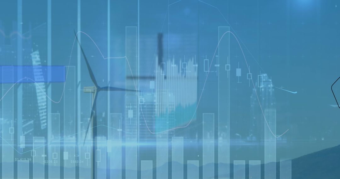 Wind Turbine with Financial Data Overlay on City Skyline