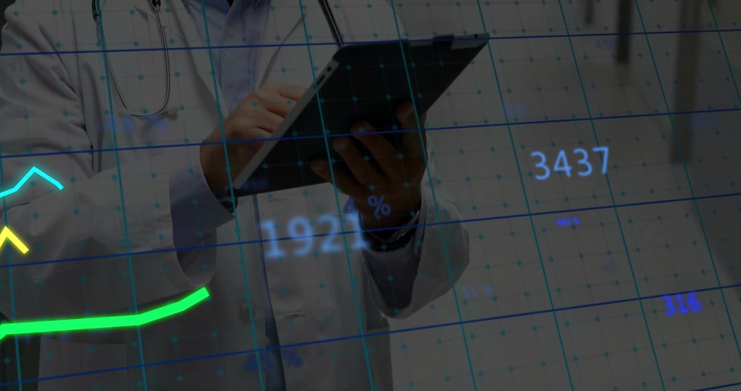 Doctor Using Tablet with Data Overlays in Medical Office