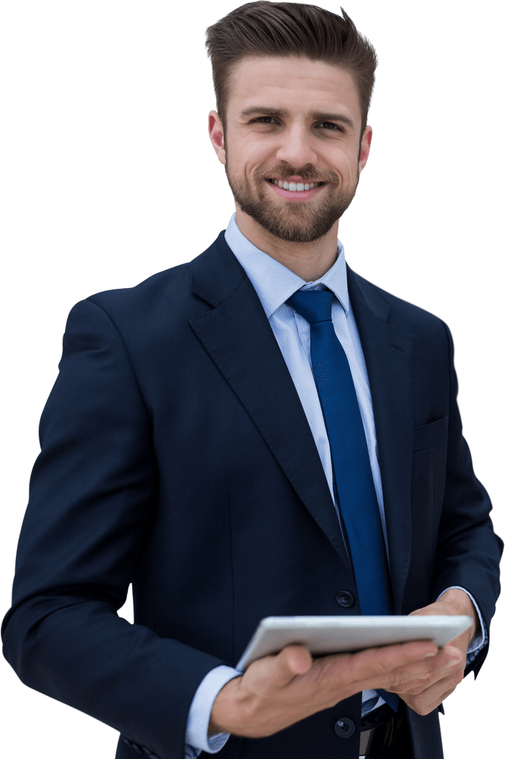 Confident Businessman Holding Tablet with Transparent Background