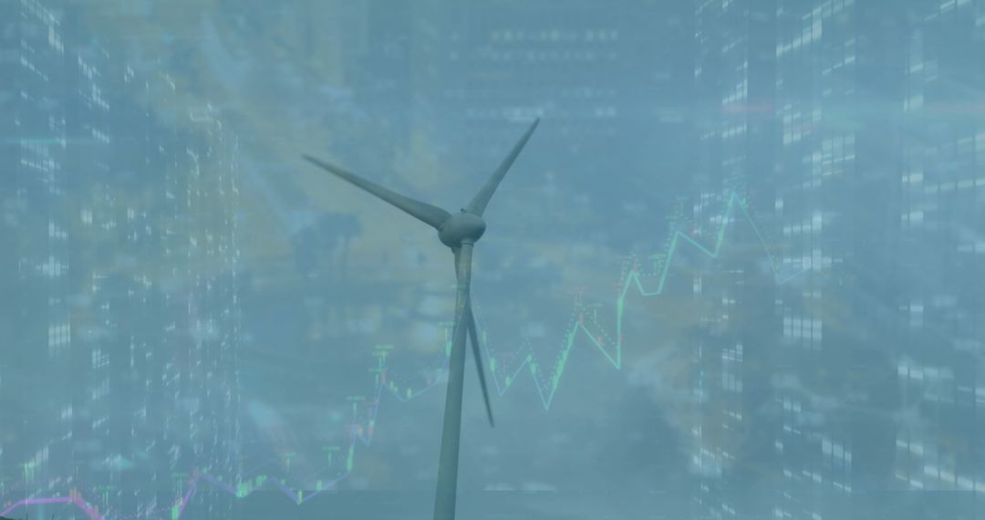 Wind Turbine Overlays on Urban Skyline with Digital Green Graph