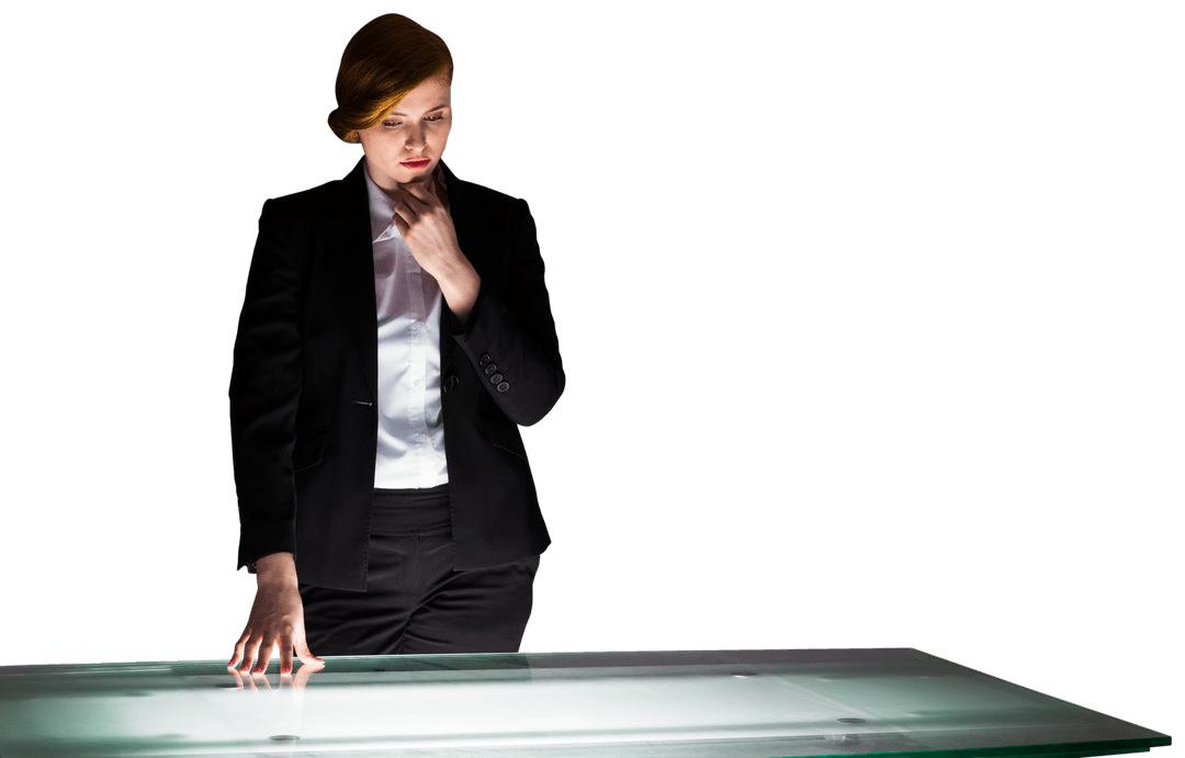 Confident Businesswoman Analyzing Data on Transparent Table