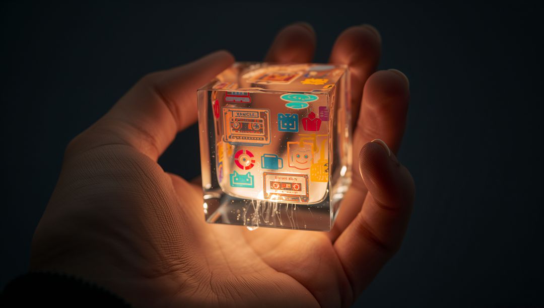 Holding Glowing Retro Icon Cube in Palm Cupping Warm Light Moody Dark Background