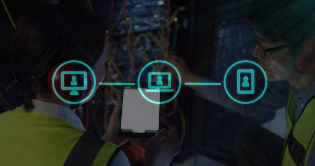 IT Engineers Analyzing Data in Server Room with Digital Icons Overlay