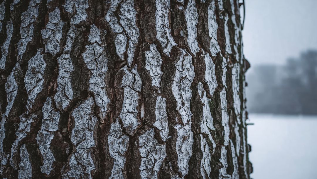 Close-up fissured oak bark with lichen and snow, textured woodgrain in misty winter field