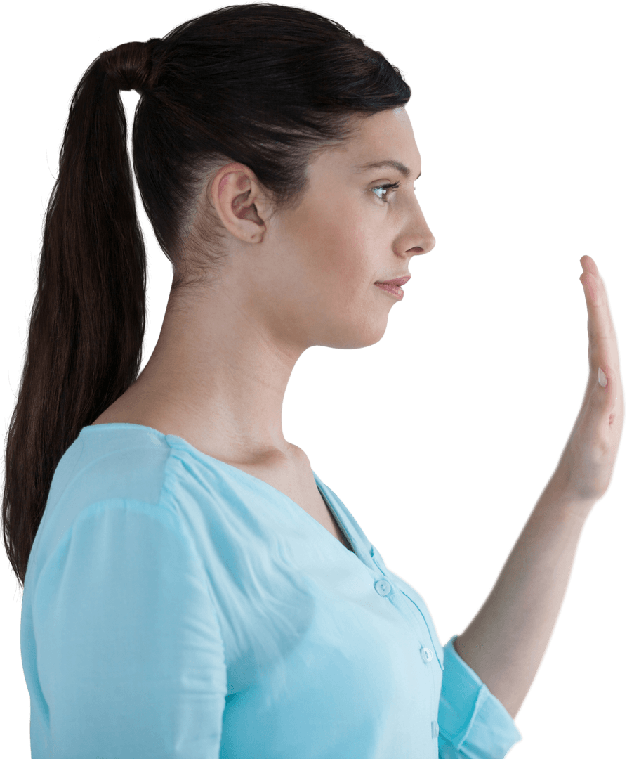 Transparent Interface Interaction with Young Woman in Blue