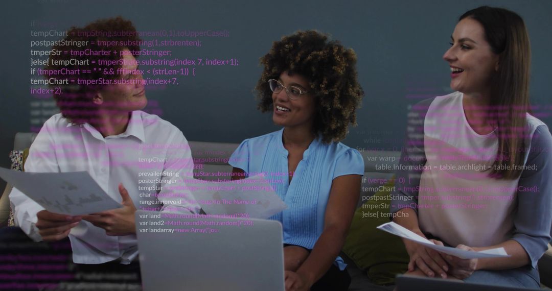 Diverse Team Analyzing Data Reports in Office Lounge Setting