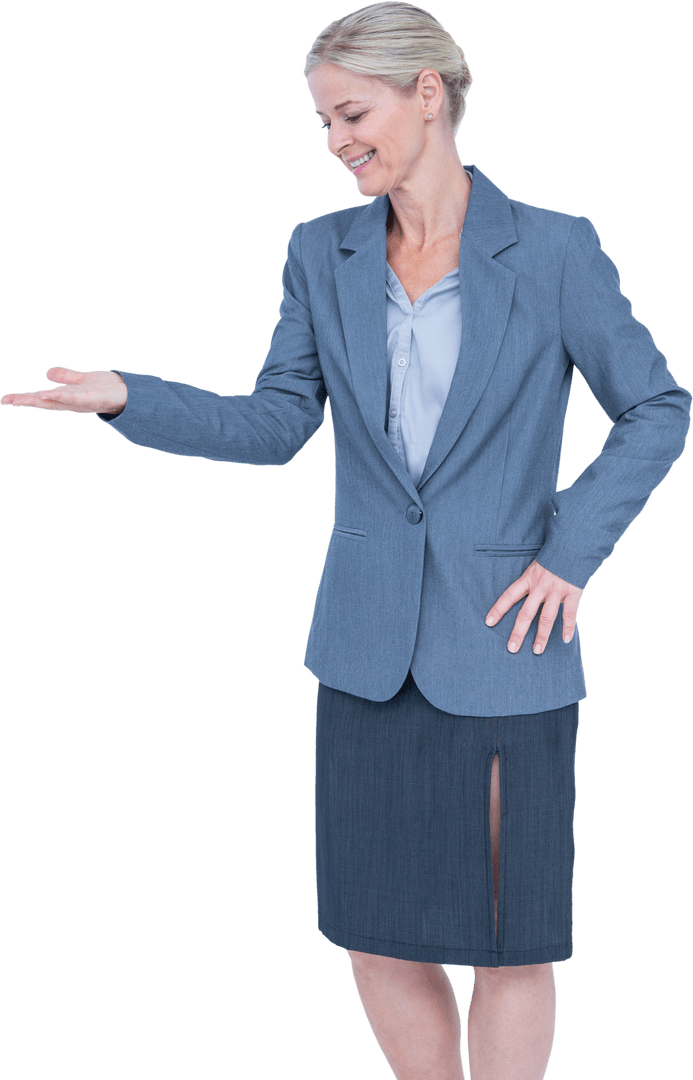 Transparent Smiling Businesswoman Presenting Gesture