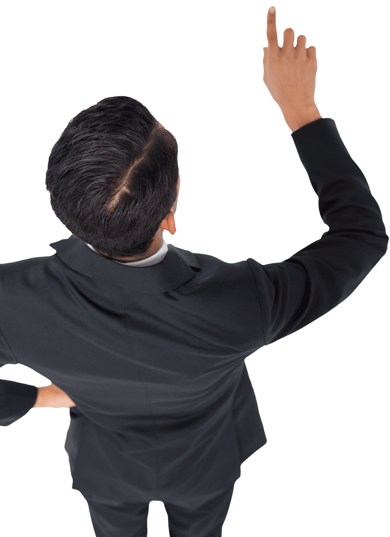 Businessman Confidently Pointing Upward on Transparent Background