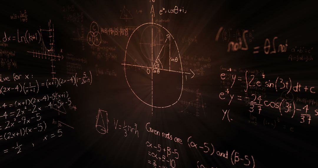 Illuminated Mathematical Formulas and Diagrams on Dark Blackboard