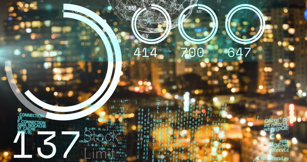 Futuristic Data Analytics Overlay on Urban Night Skyline