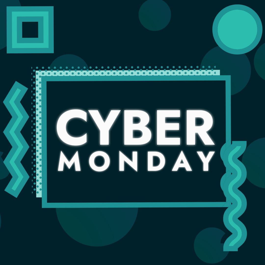 Cyber Monday Sale Neon Text Graphic with Geometric Elements