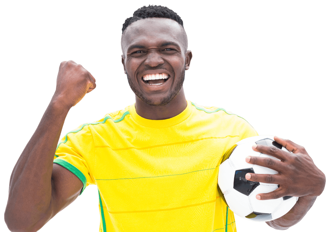 Joyful Football Player Celebrating Victory with Clenched Fist
