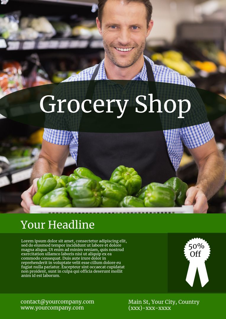 Smiling Grocer Promoting Fresh Green Peppers in Market Setting - Download Free Stock Templates Pikwizard.com