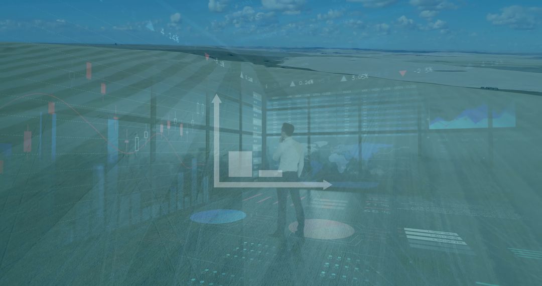 Businessman Stand in Futuristic Control Room Analyzing Data