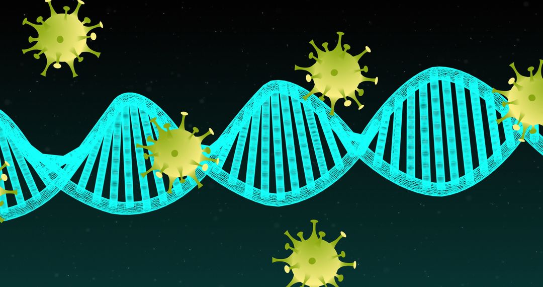 Glowing DNA Helix with Virus Particles in Digital Space