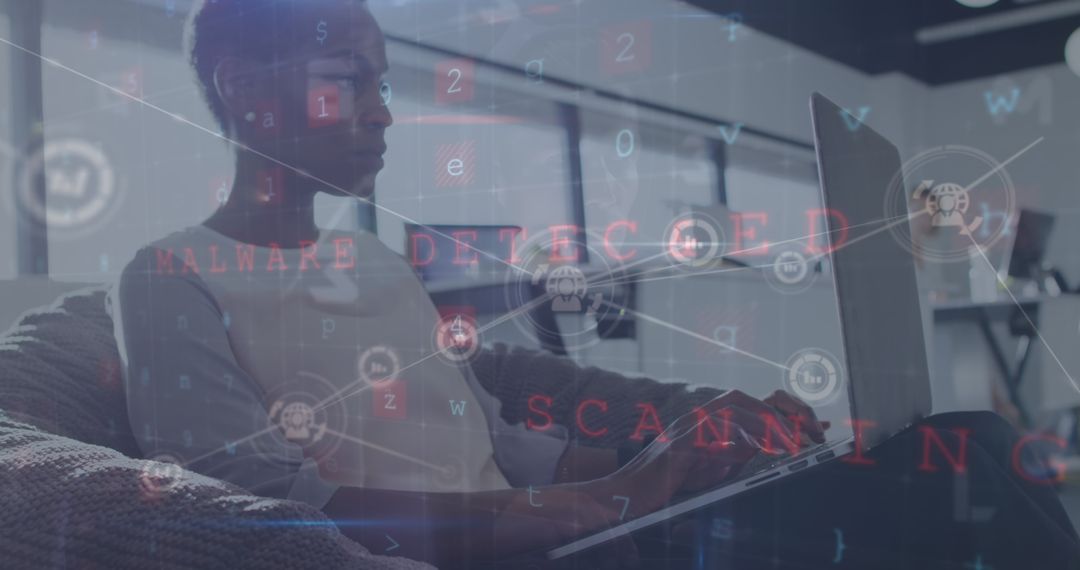 Woman Using Laptop with Cybersecurity Firewall Interface Overlay