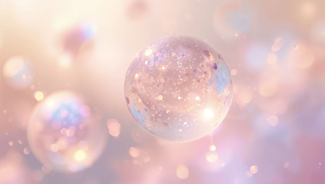 Floating glitter-filled orb glowing over pastel bokeh background, dreamy ethereal sphere