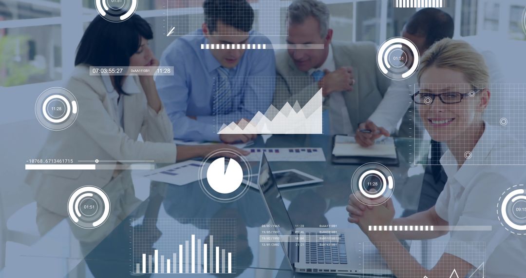 Diverse Professionals Collaborating with High-Tech Data Visualizations