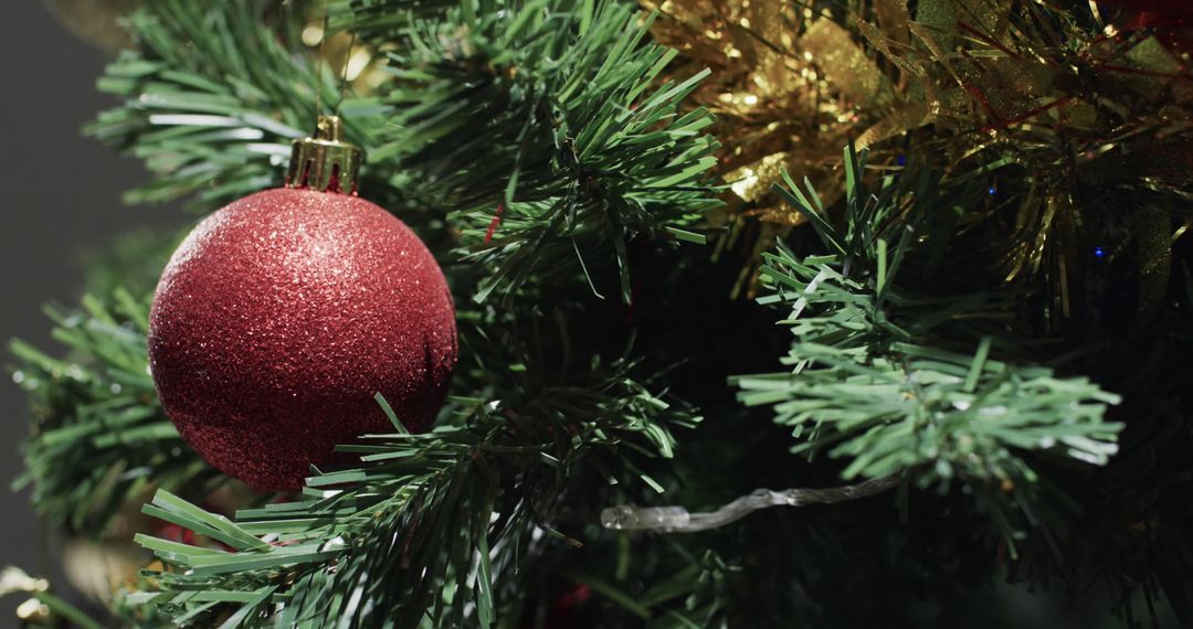 Red Christmas Ornament Hanging on Festive Decorated Tree