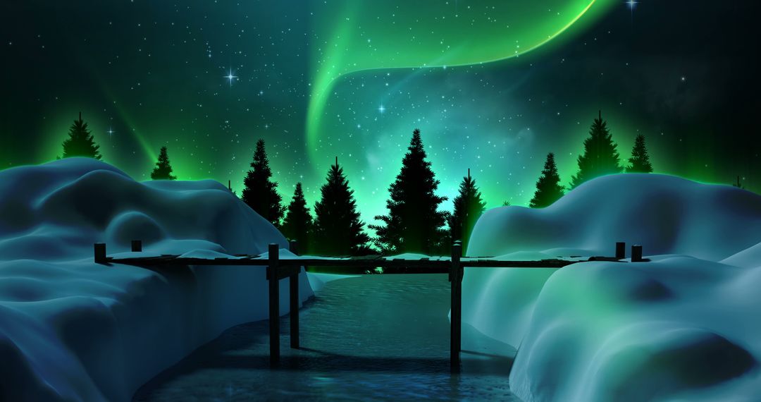 Scenic Winter Landscape with Northern Lights Over Snow-Covered Mountains and Pine Trees - Free Images, Stock Photos and Pictures on Pikwizard.com