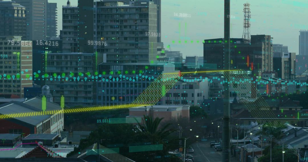 Financial Data Overlaying Urban Skyline Illustrating Global Connectivity
