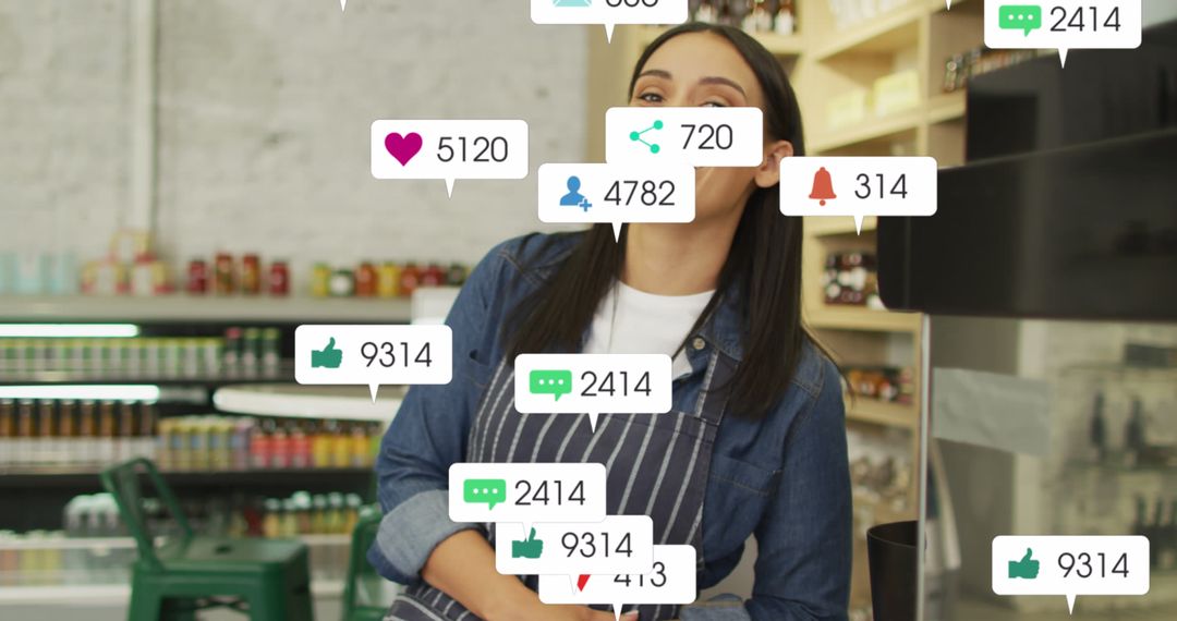 Hispanic Barista Smiling with Social Media Notifications Overlay