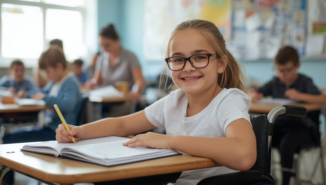 Smiling Young Student in Wheelchair Engaged in Classroom Learning