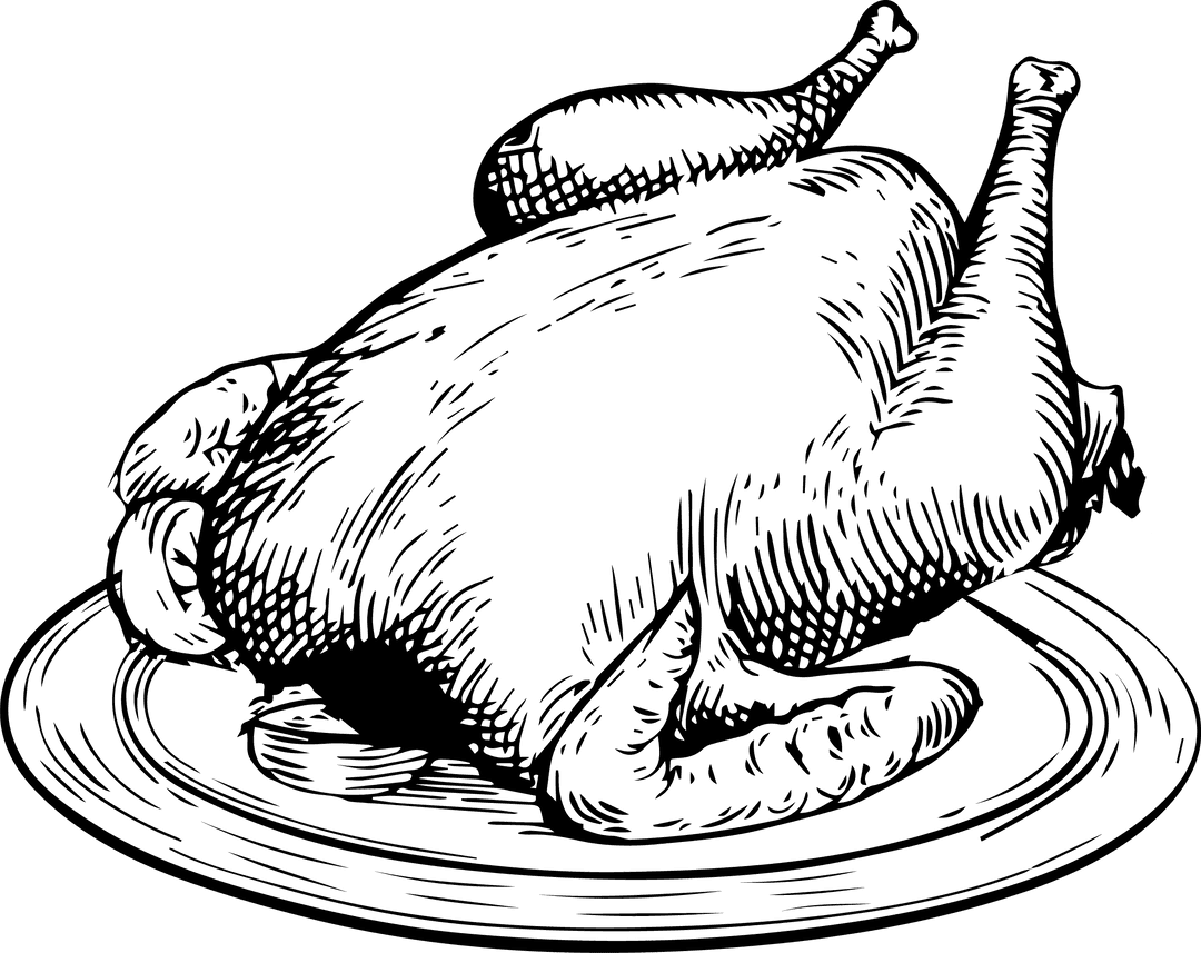 Engraved Line Art of Roasted Turkey on Transparent Background