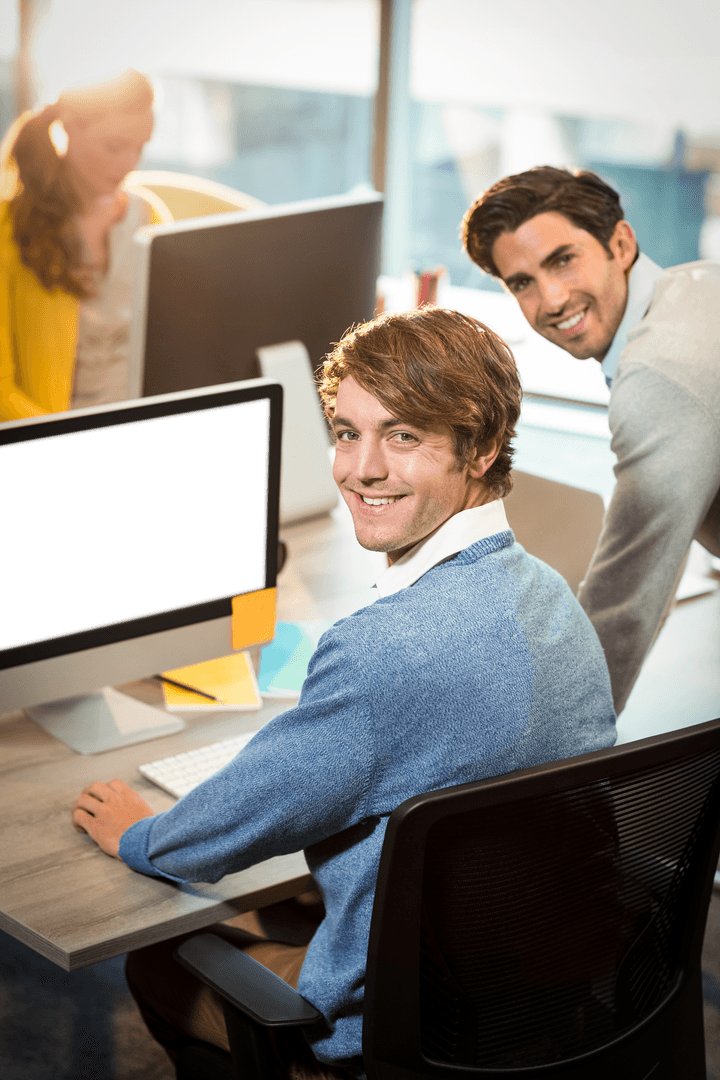 Transparent Smiling Businessmen in Creative Office Environment