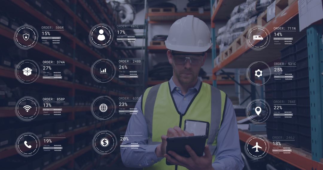 Warehouse Worker Using Digital Tablet with Process Data Icons