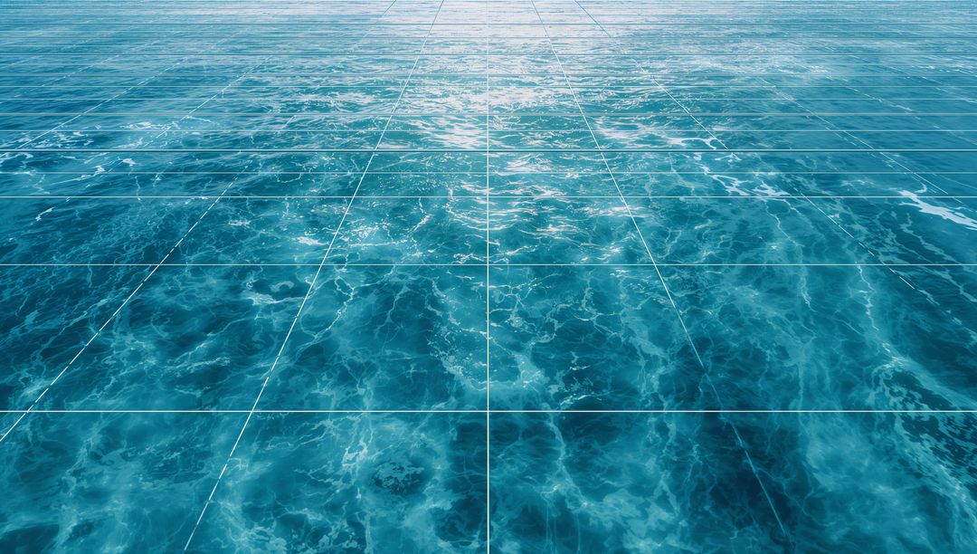 Tiled Turquoise Ocean Surface with White Grid Leading to Horizon, Sun Glint, Foam Ripples