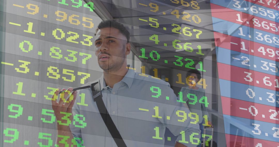 Modern Business Professional Walking with Stock Market Projections