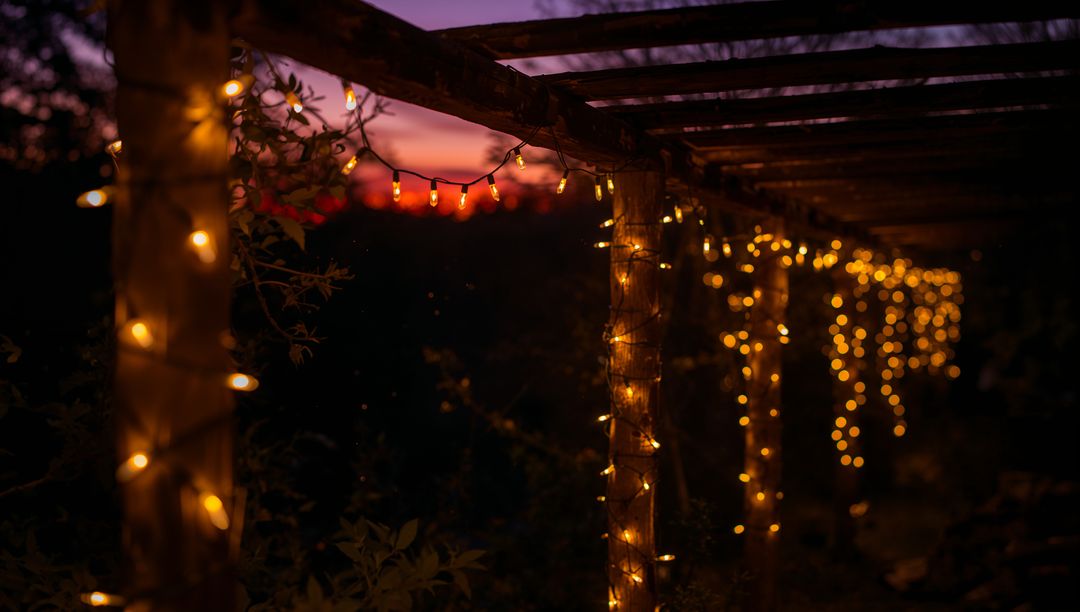 Glowing pergola wrapped in warm string lights creating bokeh glow at twilight in rustic garden