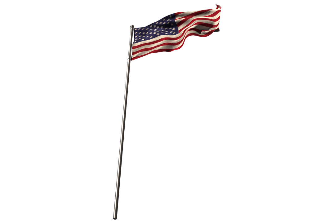 Waving American Flag on Pole Transparent Background