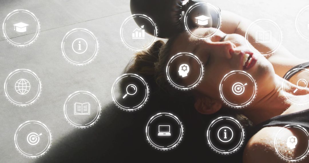 Athlete lying and sweating on gym mat recovering after intense workout with HUD overlays