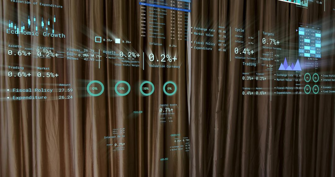 Futuristic Financial Dashboard Projecting Interactive Data Visualizations onto Brown Curtains