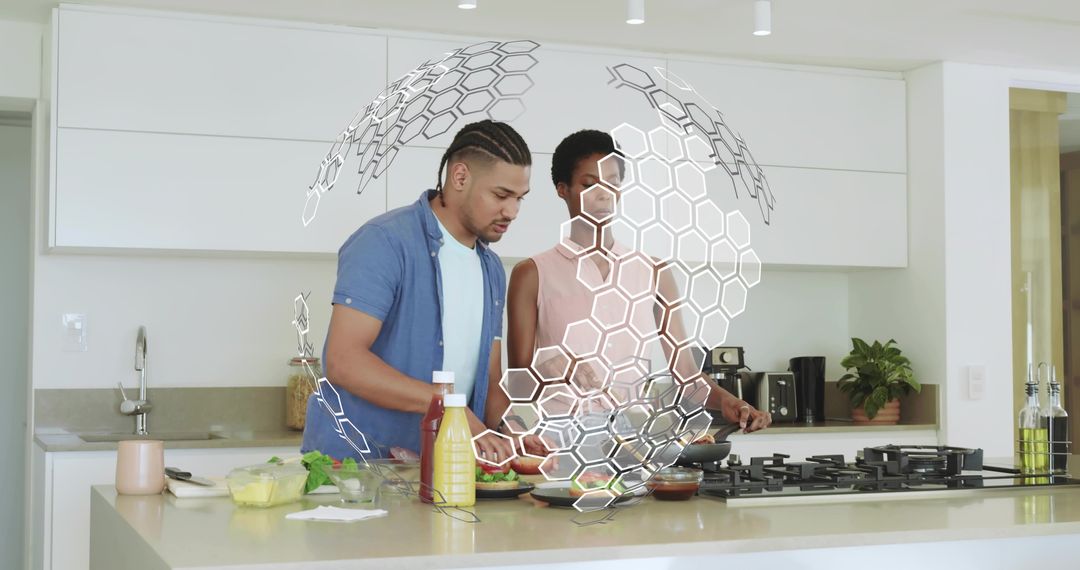 Young couple preparing healthy meal at modern kitchen island with AR hexagon interface