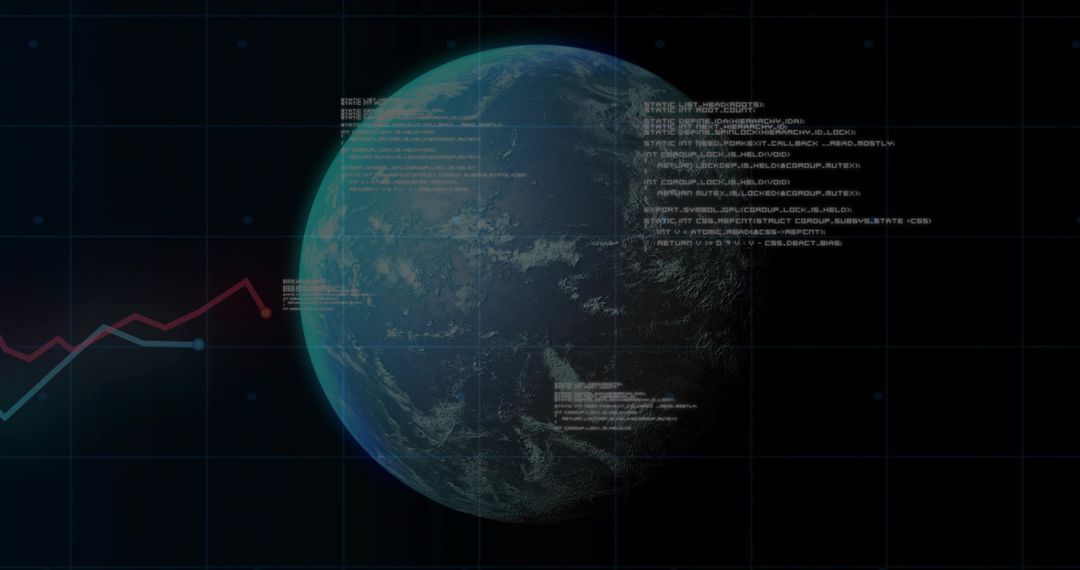 Rotating Earth with Futuristic HUD Overlay, Telemetry Annotations and Dual-Line Data Graph