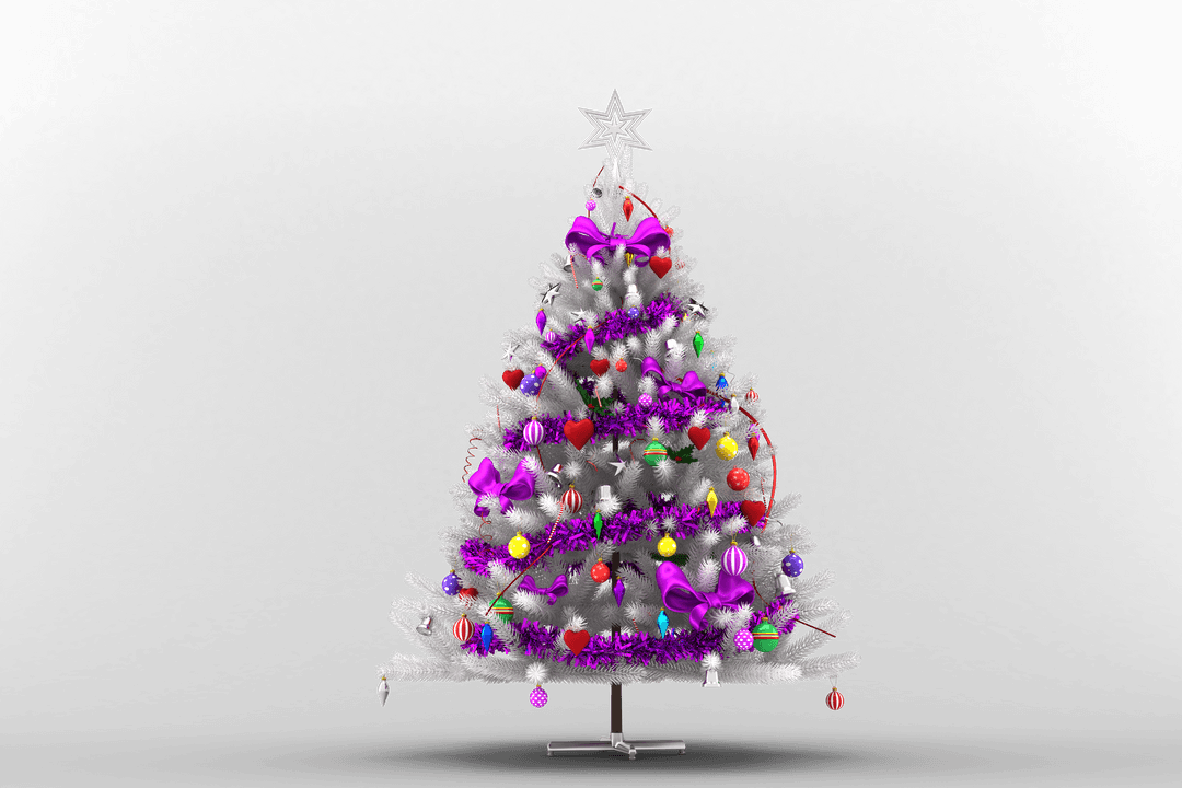 Transparent Christmas Tree with Purple Decorations on White Background