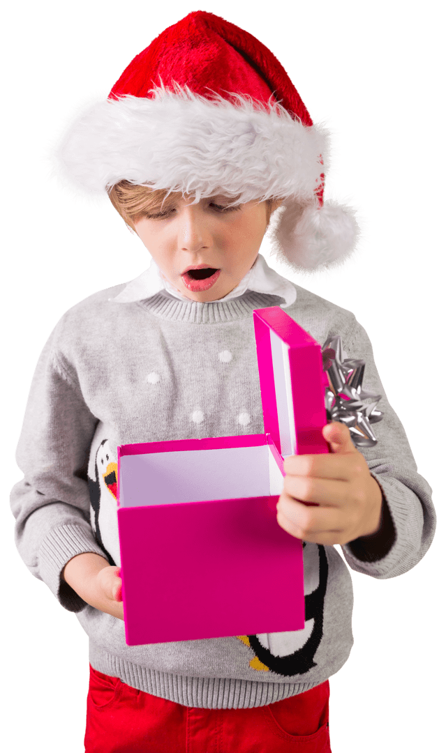 Surprised Child Opening Gift Box with Santa Hat