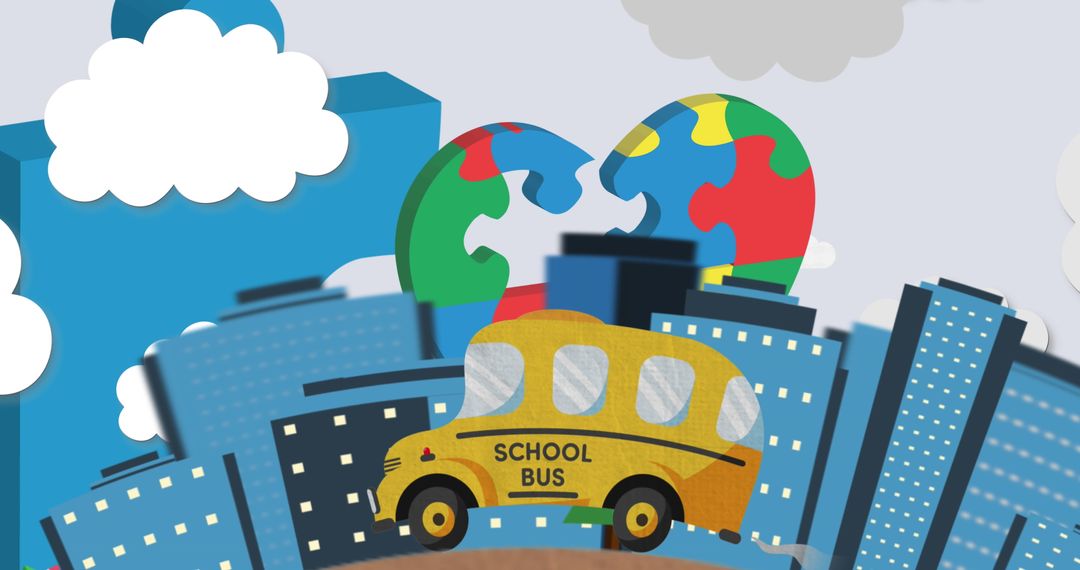 Autism Support Concept with School Bus and Puzzle Heart