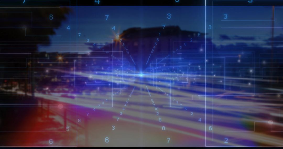 Digital Grid Overlay with Light Trails on Night City Road