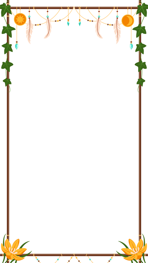 Transparent Boho Frame with Feathers and Natural Elements