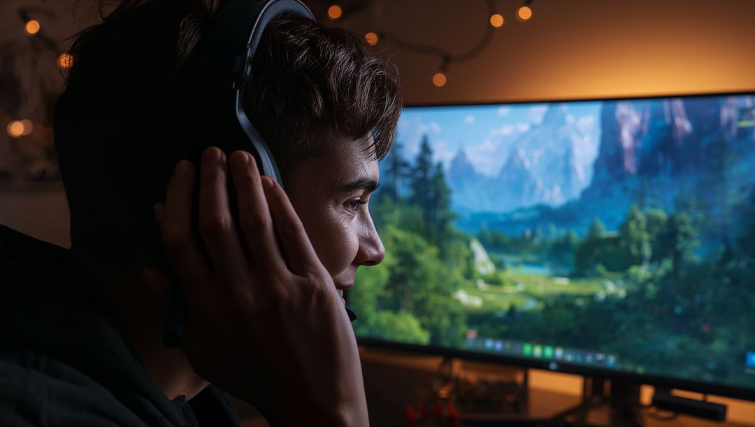 Gamer Adjusting Headset While Focusing on Ultrawide Screen Showing Scenic Game Landscape