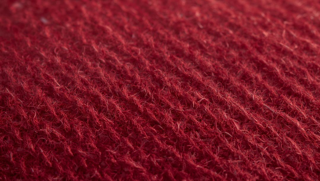 Macro red knit texture showing diagonal stitches, fuzzy fibers and pile detail