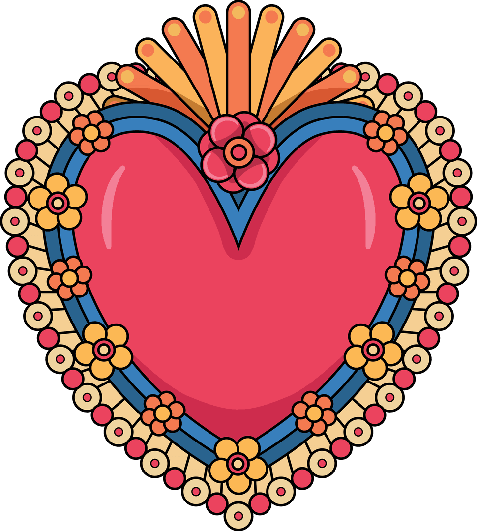 Vibrant Heart Illustration with Flower Frame on Transparent Background