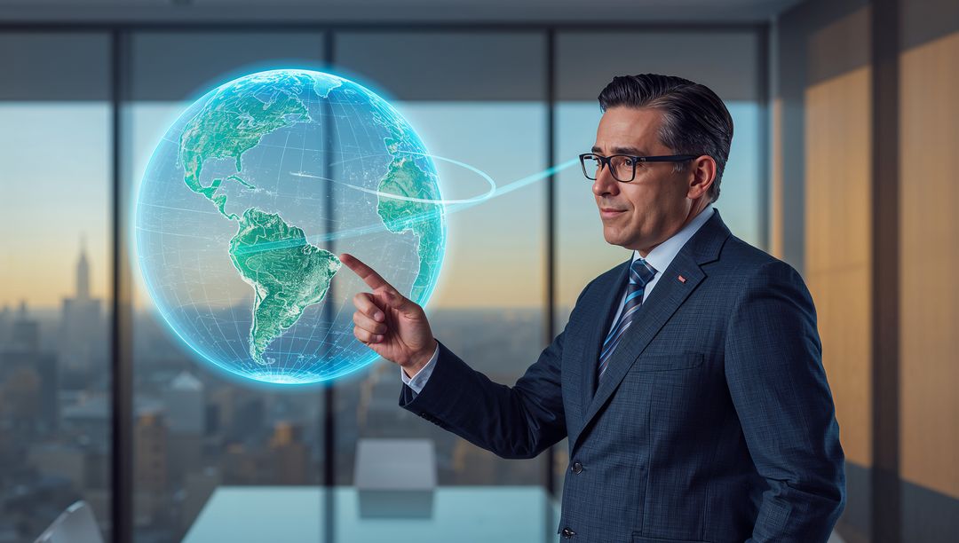 Corporate Executive Pointing at 3D Holographic Globe in Boardroom Using Augmented Reality