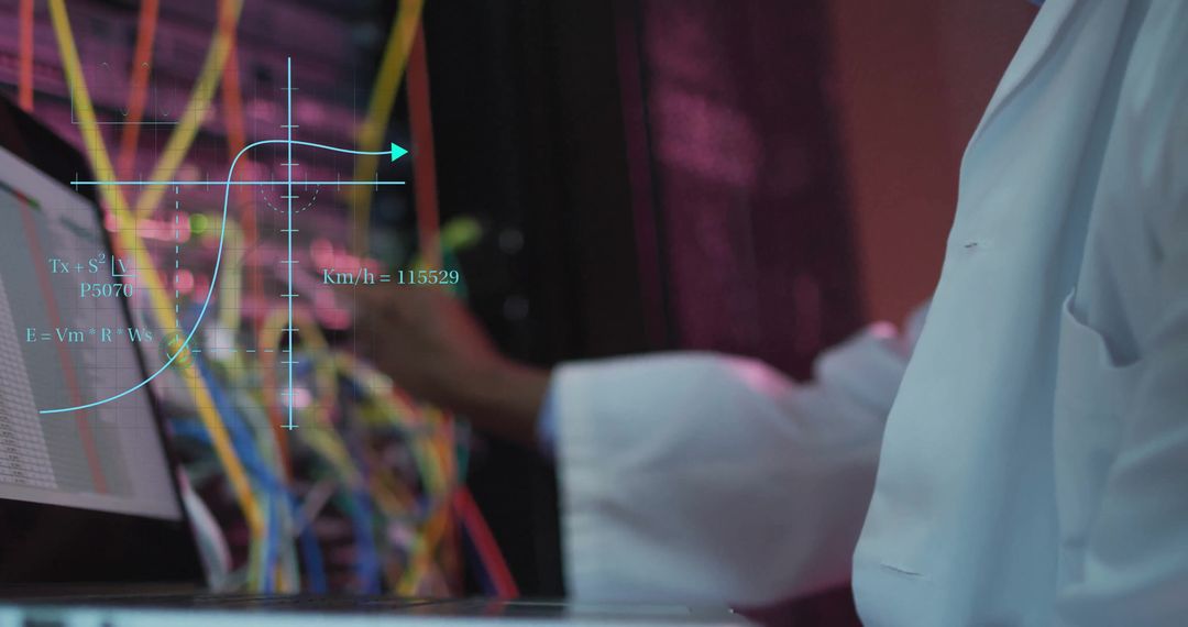 IT Technician Analyzing Data by Server with Digital Overlay