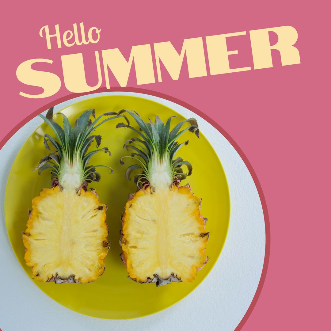 Hello Summer Text with Fresh Halved Pineapple on Bright Background