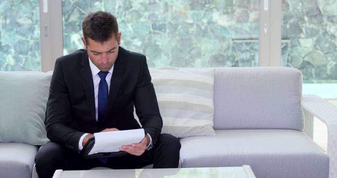 Businessman Reviewing Documents on Sofa in Modern Office - Free Images, Stock Photos and Pictures on Pikwizard.com